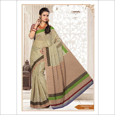 MONALISA Cotton Saree 6.3m Beige - Geometric & Flower Print, Resham Embroidery, Patch Border, Customizable Blouse 34-46 Inches