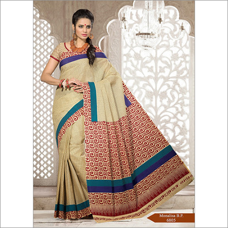 MONALISA Cotton Silk Saree 6.3m Beige - Geometric Print, Resham Embroidery, Patch Border, Custom Blouse 34-46"