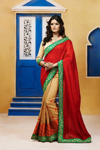 Creamy Red Embroidered Silk Saree - Silk, 5.5 Meters, Creamy Red, Lace Border, Matching Blouse Piece, Intricate Embroidery