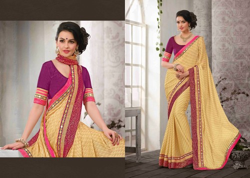 Creamy Maroon Chiffon Satin Border Lace Work Saree