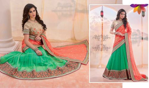 Goldy Sea Green Embroidered Lehenga Saree