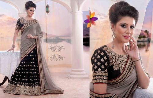Black And Navy Embroidered Lehenga Saree