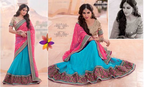 Pinky Aqua Embroidered Lehenga Saree