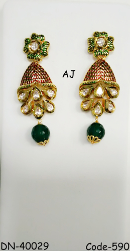 Kundan Earrings with Antique Finish - Alloy, 2 Inches, Gold | Antique Finish, Elegant Design, Eye-Catching Green Accents, Dangle Style