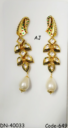 Kundan Earrings with Antique Finish - Kundan, Metal, Pearl | Elegant Design, Antique Finish, Dangle Style, Length: 5-6 cm, Weight: 5-10 gm