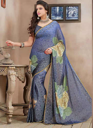 Latest Fashion Saree - Brasso 5.5 Meters Pale Gray & Pale Royal Blue | Elegant Floral Block Print Soft Fabric Party Wear