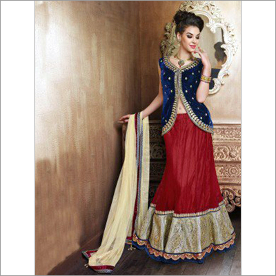 Maroon Silk Lehenga Choli - Net Dupatta, Blue Velvet Blouse | Anti-Wrinkle, Breathable, Modern Style, Unstitched, Customized Size