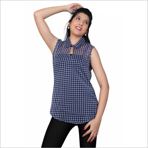 Blue & White Colour Checks Print Top - Georgette Fabric, Hip Length, Keyhole Neckline, Sleeveless, Stylish Office Wear