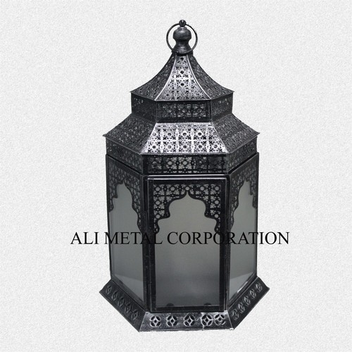 Moroccan Glass Lantern - Metal and Glass, Black and Silver Finish | Octagonal Shape, Traditional Style, Indoor/Outdoor Use