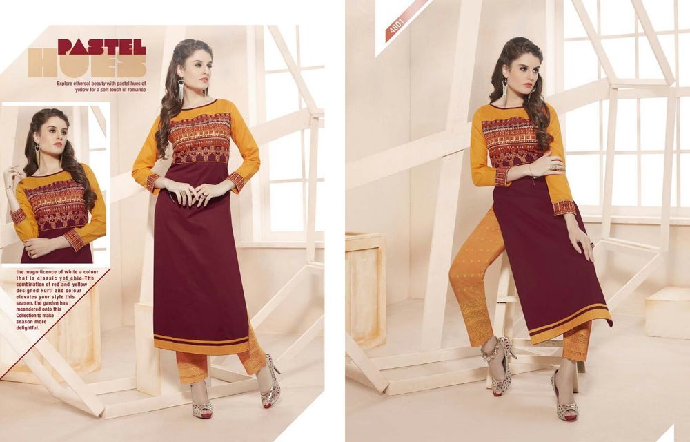 Designer Long Kurti - Rayon, L-XXL, Yellow And Maroon, 3/4 Sleeves, Stylish Elegant Fit, Readymade