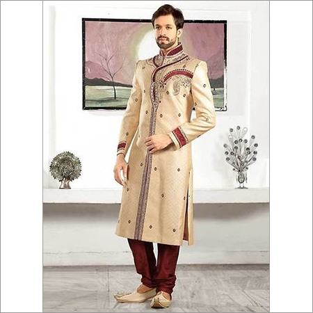 Wedding Sherwani - Beige Jacquard, Custom Size | Gold Zardozi, Moti & Velvet Patch Work Embroidery