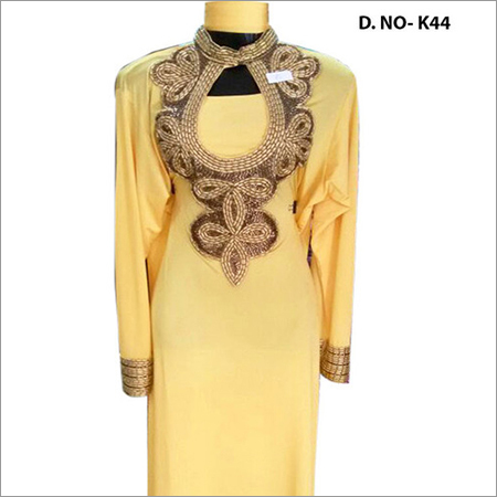 Ladies Kaftan in Lycra - Yellow, Keyhole Neckline | Detailed Embroidery, Stylish Design, Comfortable Fit