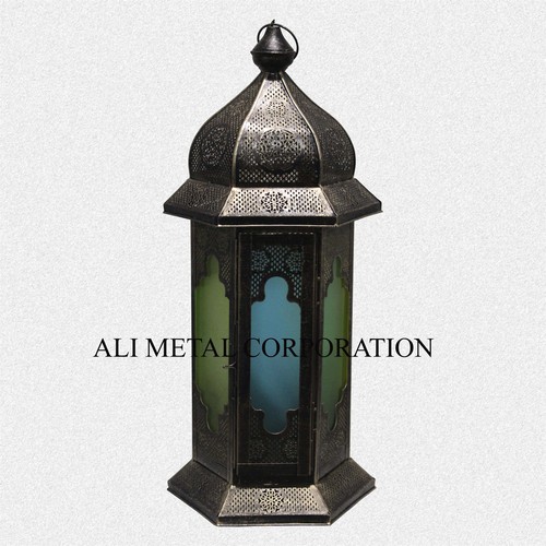 MOROCCAN METAL LANTERN WITH COLORFUL GLASS