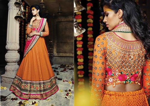 Orange Embroidered Banarasi Jaquard Lehenga