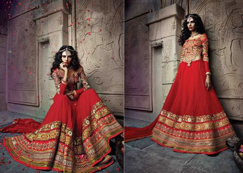 Bridal Red Embroidered Lehenga Choli - Pure Georgette, Floor-Length, Bridal Red, Fancy Embroidery, Heavy Lace Work