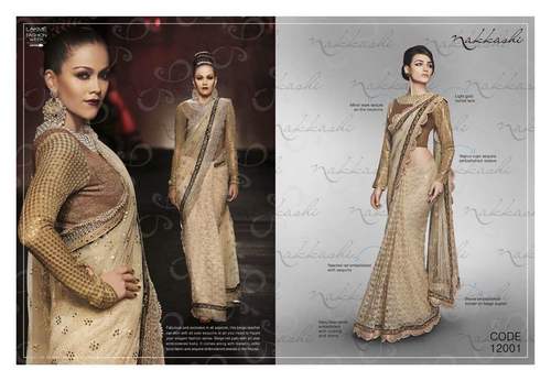 Beige Cream Net Work Saree