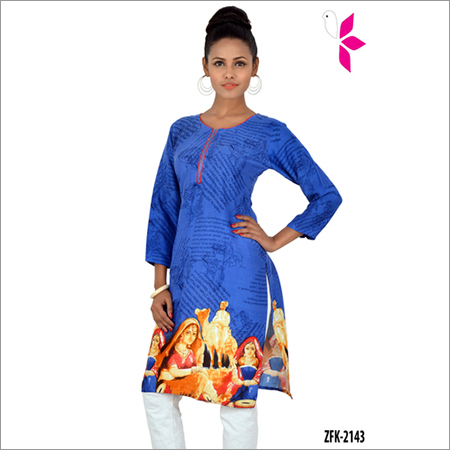 Rayon Printed Kurti - Rayon, Knee-Length, Blue | Soft Fabric, Stylish Print, Comfortable Fit, Round Neck, Three-Quarter Sleeves