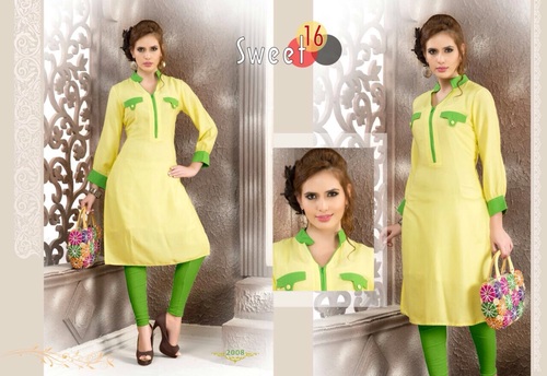 Sweet Rayon Yellow Kurti - Rayon, Knee-length, Yellow | Soft Fabric, Stylish Design, Comfortable Fit, Elegant Look, Durable Material, Easy Maintenance, Long Sleeves, Collared Neckline, Multiple Sizes