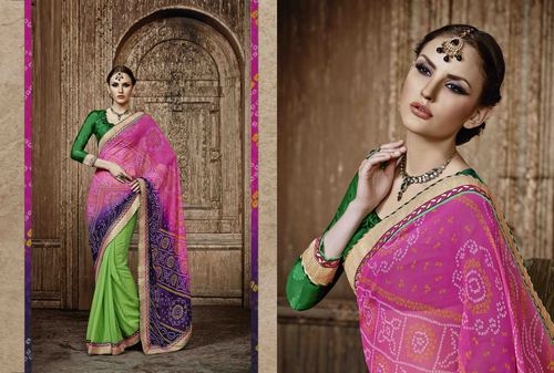 Lighty Green,navy and Pink Bandhani saree