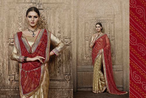 Goldyy Red Chiffon Bandhani Saree