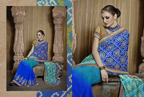Aqua Blue Bandhani Saree