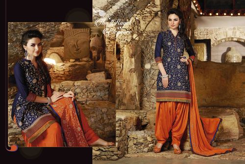 Navy Orange Cotton Embroidered Patiyala Suit