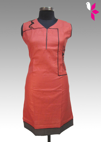 Linen Embroidered Kurti - Linen, S-XL, Coral | V-Neck, Sleeveless, Black Thread Embroidery, Knee-Length, Comfortable, Stylish, Elegant