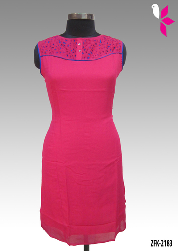 Georgette Designer Kurti - Georgette, Knee-Length, Pink | Round Neck, Sleeveless, Cutwork Details, Comfortable Fit