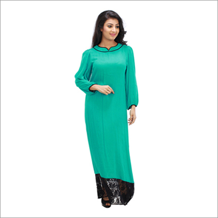 Long Cuff Sleeve Kurti - Rayon Cotton, Emerald Green, 3/4 Bishop Sleeves | Lace Hemline, Patterned Neckline, Elegant Fit