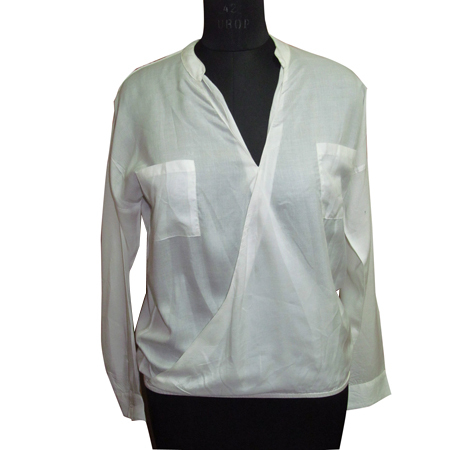 Ladies Designer Shirts - Soft Fabric, Various Sizes, Off-White | Elegant V-Neck, Wrap Style, Two Pockets, Shrink Resistant