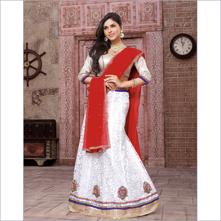 White Red Satin Net Designer Lehenga Choli - Floor Length, A-line Fit, Floral Embroidery, Lacework, Stylish Look