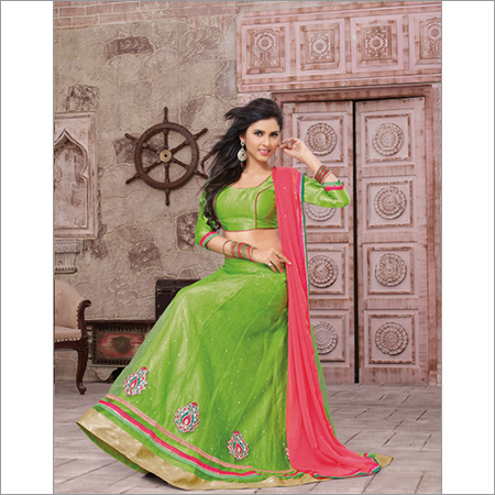 Green Peach Satin Net Lehenga Choli - Floor Length, Custom Size, Green, Floral Embroidery, Lace Work, Elegant Design