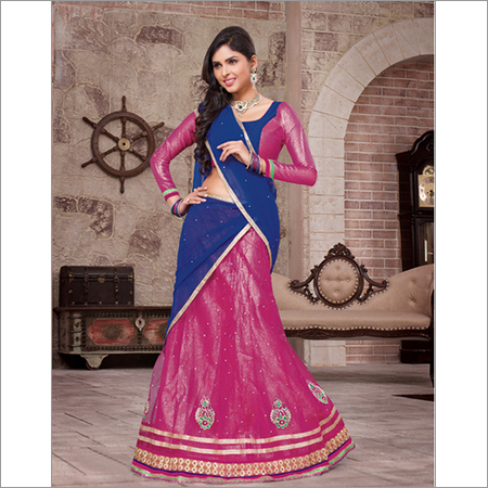 Pink Blue Brocade Net Designer Lehenga Choli