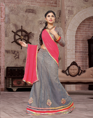 Gray Pink Chanderi Net Designer Lehenga Choli