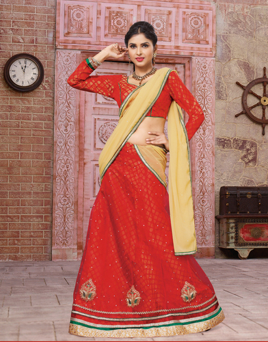 Red Yellow Brocade Net Designer Lehenga Choli