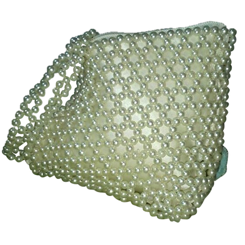 Beaded Purse - Handmade Beads, Varied Dimensions, White, Zipper Closure, Adjustable Handle, Lightweight Stylish Design
