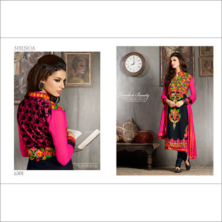 Pinky Black Multi Embroidered Straight Salwar Kameez - Cotton Santoon Fabric, Chiffon Dupatta, Multi-Colored Embroidery, Front & Back Yoke, Shantoon Inner Bottom, Semi Stitch Style