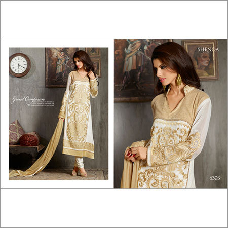 Creamy White Full Embroidered Straight Suit - Cotton Santoon Fabric, Chiffon Dupatta, Rachel Yoke, Semi Stitched