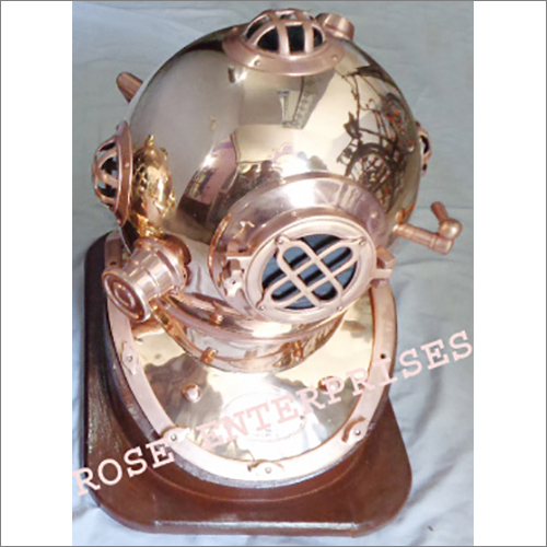 Copper Antique Nautical Brass Diving Helmet with Wooden Base Copper Antique Nautical Brass Diving Helmet with Wooden Base