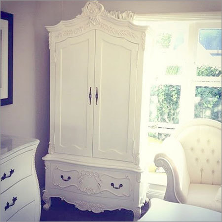 French Wooden Wardrobe - Solid Teakwood 120x50x200 cm, Off-White Finish, Two Doors, One Drawer, Customizable