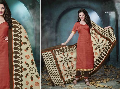 Rust Brown Bhagalpuri Silk Suit - Unstitched, Straight Style, Gota Patti Work | Soft Fabric, Comfortable Fit, Stylish Look
