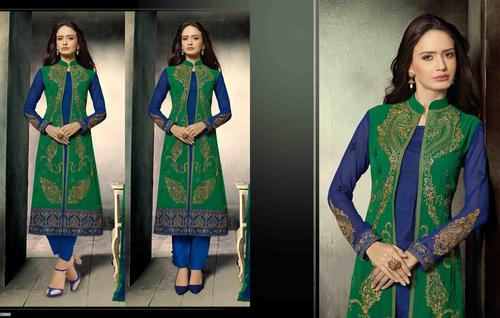 Mohini Greeny Blue Embroidered Salwar Kameez - Georgette Fabric, Semi Stitched, Floral Embroidery, Chiffon Lace Dupatta, Straight Style
