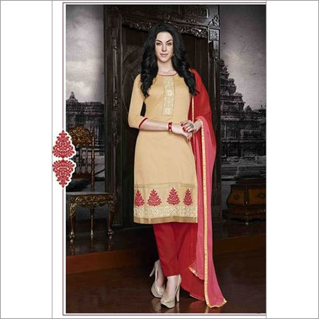Creamy Red Regular Wear Embroidered Cotton Salwaar Kameez - Cotton Fabric, Cream Embroidered Top, Red Bottom, Fancy Dupatta