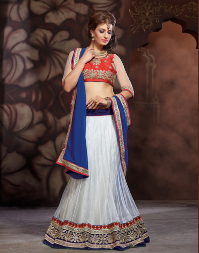 OFF-WHITE NET LEHENGA CHOLI WITH ZARI WORK