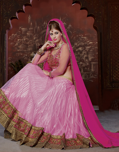 FANCY PINK NET LEHENGA CHOLI WITH ZARI WORK