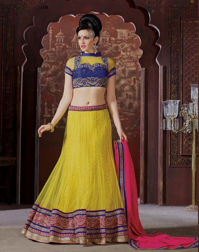 YELLOW NET LEHENGA CHOLI WITH ZARI WORK