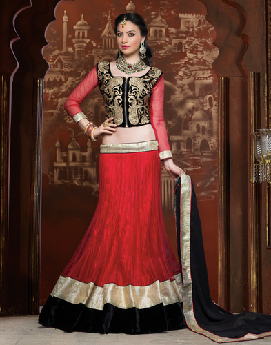 RED Net Lehenga Choli with Velvet Choli - Customizable 40" Bust, Zari Work, Flared Style