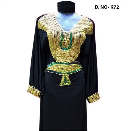 Lycra Kaftan - Full-Length V-Neck, Black | Comfortable Fit, Long Sleeves, Elegant Look, Adorned with Beads and Stones, Stylish Design
