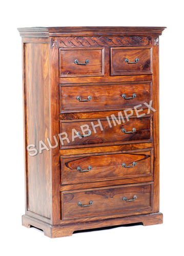 Thali Range Furniture-Almirah with Drawer - Sheesham Wood, 72x40x18 Inches | 6 Metal Handle Drawers, Spacious Storage, Classic Natural Finish