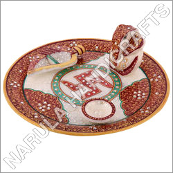 Pooja Thali - Marble, 12 inches Diameter, Red Color | Handcrafted, Inlaid Design, Durable Material, Easy to Clean, Elegant Style, Multipurpose Use
